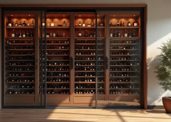 Adega de vinhos moderna com garrafas organizadas, controle de temperatura e iluminação interna suave