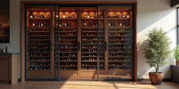 Adega de vinhos moderna com garrafas organizadas, controle de temperatura e iluminação interna suave