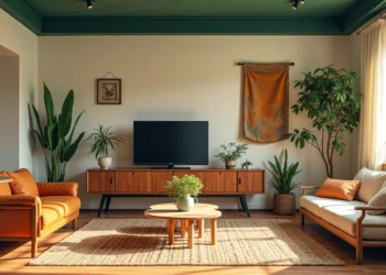 Sala de apartamento com decoração em tons terrosos, rack transformado em banco com sapateira, parede e teto pintados em verde Palmier e mobiliário antigo reaproveitado