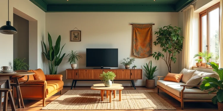 Sala de apartamento com decoração em tons terrosos, rack transformado em banco com sapateira, parede e teto pintados em verde Palmier e mobiliário antigo reaproveitado