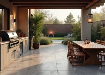 Área gourmet aconchegante com churrasqueira, bancada de apoio, pia e mesa de jantar em ambiente externo