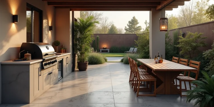 Área gourmet aconchegante com churrasqueira, bancada de apoio, pia e mesa de jantar em ambiente externo