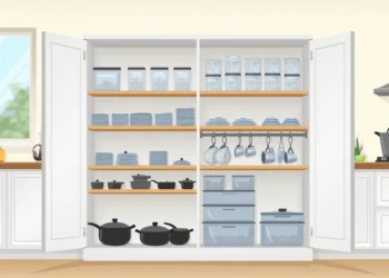 Armário de cozinha organizado com prateleiras, cestos e potes etiquetados