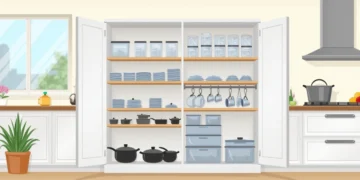 Armário de cozinha organizado com prateleiras, cestos e potes etiquetados