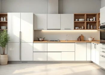 Cozinha planejada moderna com armários brancos e bancada de madeira clara em ambiente iluminado