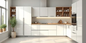 Cozinha planejada moderna com armários brancos e bancada de madeira clara em ambiente iluminado