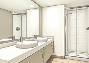 Banheiro pequeno decorado com espelho grande, iluminação branca e móveis planejados