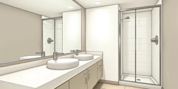 Banheiro pequeno decorado com espelho grande, iluminação branca e móveis planejados