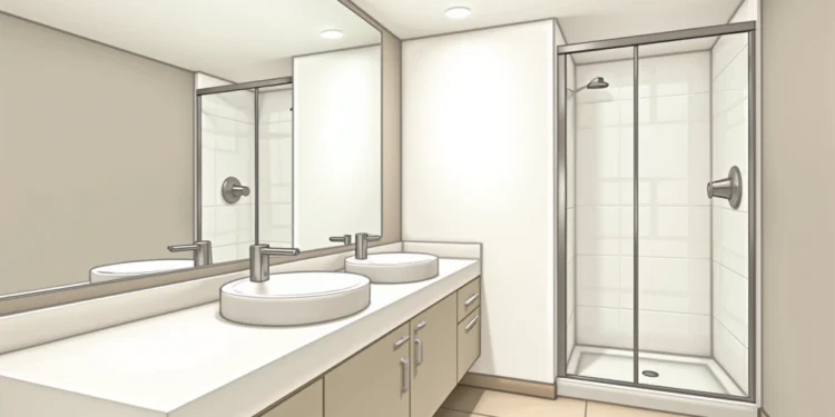 Banheiro pequeno decorado com espelho grande, iluminação branca e móveis planejados