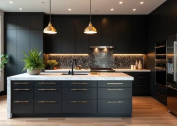 Cozinha moderna com armários pretos, bancada branca e iluminação elegante