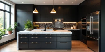 Cozinha moderna com armários pretos, bancada branca e iluminação elegante