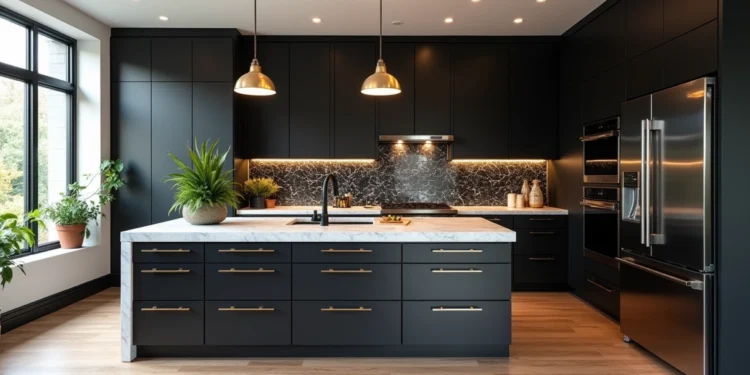 Cozinha moderna com armários pretos, bancada branca e iluminação elegante