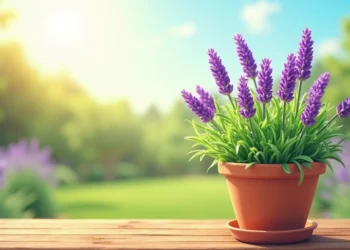 Lavanda plantada em vaso com flores lilases vibrantes em um jardim ensolarado