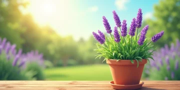 Lavanda plantada em vaso com flores lilases vibrantes em um jardim ensolarado