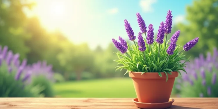Lavanda plantada em vaso com flores lilases vibrantes em um jardim ensolarado