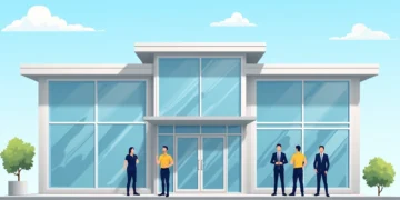 Fachada moderna de empresa especializada em esquadrias e vidros com equipe em uniforme no local