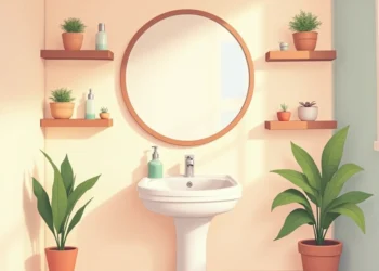 Lavabo pequeno com decoração aconchegante, cores claras, iluminação quente e espelho redondo