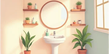 Lavabo pequeno com decoração aconchegante, cores claras, iluminação quente e espelho redondo