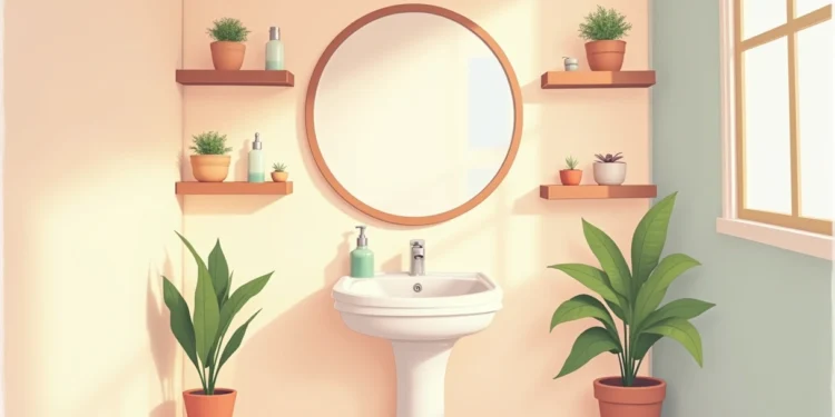 Lavabo pequeno com decoração aconchegante, cores claras, iluminação quente e espelho redondo