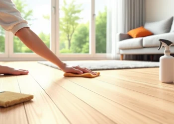 Pessoa limpando piso laminado com pano de microfibra em ambiente claro e organizado