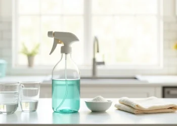 Garrafa borrifadora com solução caseira limpa vidros sobre bancada com ingredientes ao redor