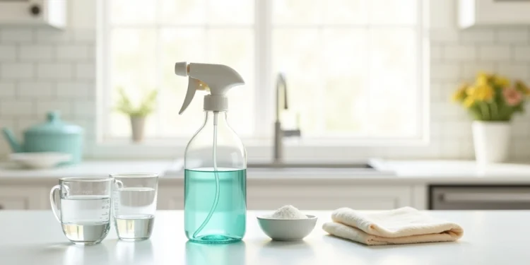 Garrafa borrifadora com solução caseira limpa vidros sobre bancada com ingredientes ao redor