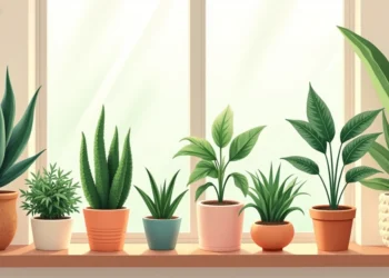 Conjunto de oito plantas resistentes e fáceis de cuidar em vasos decorativos variados dentro de uma sala iluminada