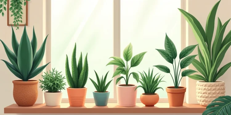 Conjunto de oito plantas resistentes e fáceis de cuidar em vasos decorativos variados dentro de uma sala iluminada