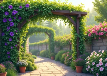 Diferentes espécies de plantas trepadeiras com folhas verdes e flores coloridas em um jardim bem cuidado