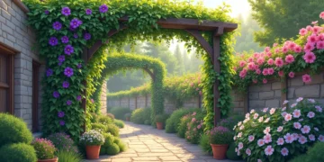 Diferentes espécies de plantas trepadeiras com folhas verdes e flores coloridas em um jardim bem cuidado