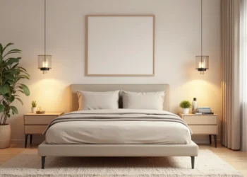 Quarto de casal moderno com cama de casal, mesas de cabeceira, tapete e iluminação aconchegante