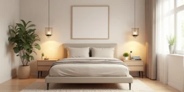 Quarto de casal moderno com cama de casal, mesas de cabeceira, tapete e iluminação aconchegante