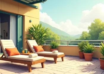 Sacada decorada com móveis confortáveis e plantas verdes