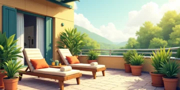 Sacada decorada com móveis confortáveis e plantas verdes