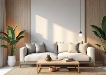 Sala de estar elegante com decoração contemporânea, sofá cinza claro, almofadas neutras e mesa de centro de madeira clara