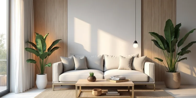 Sala de estar elegante com decoração contemporânea, sofá cinza claro, almofadas neutras e mesa de centro de madeira clara