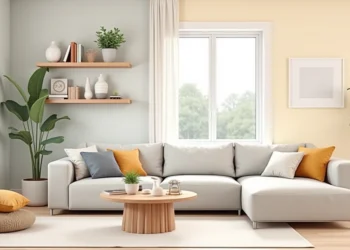 Sala de estar decorada com paredes em tons neutros e pastéis, móveis claros e acessórios modernos