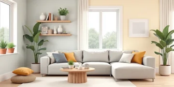 Sala de estar decorada com paredes em tons neutros e pastéis, móveis claros e acessórios modernos