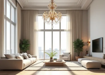 Sala ampla com pé direito duplo, iluminação natural, lustre grande e cortinas altas