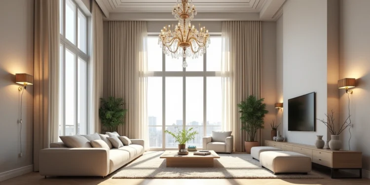 Sala ampla com pé direito duplo, iluminação natural, lustre grande e cortinas altas